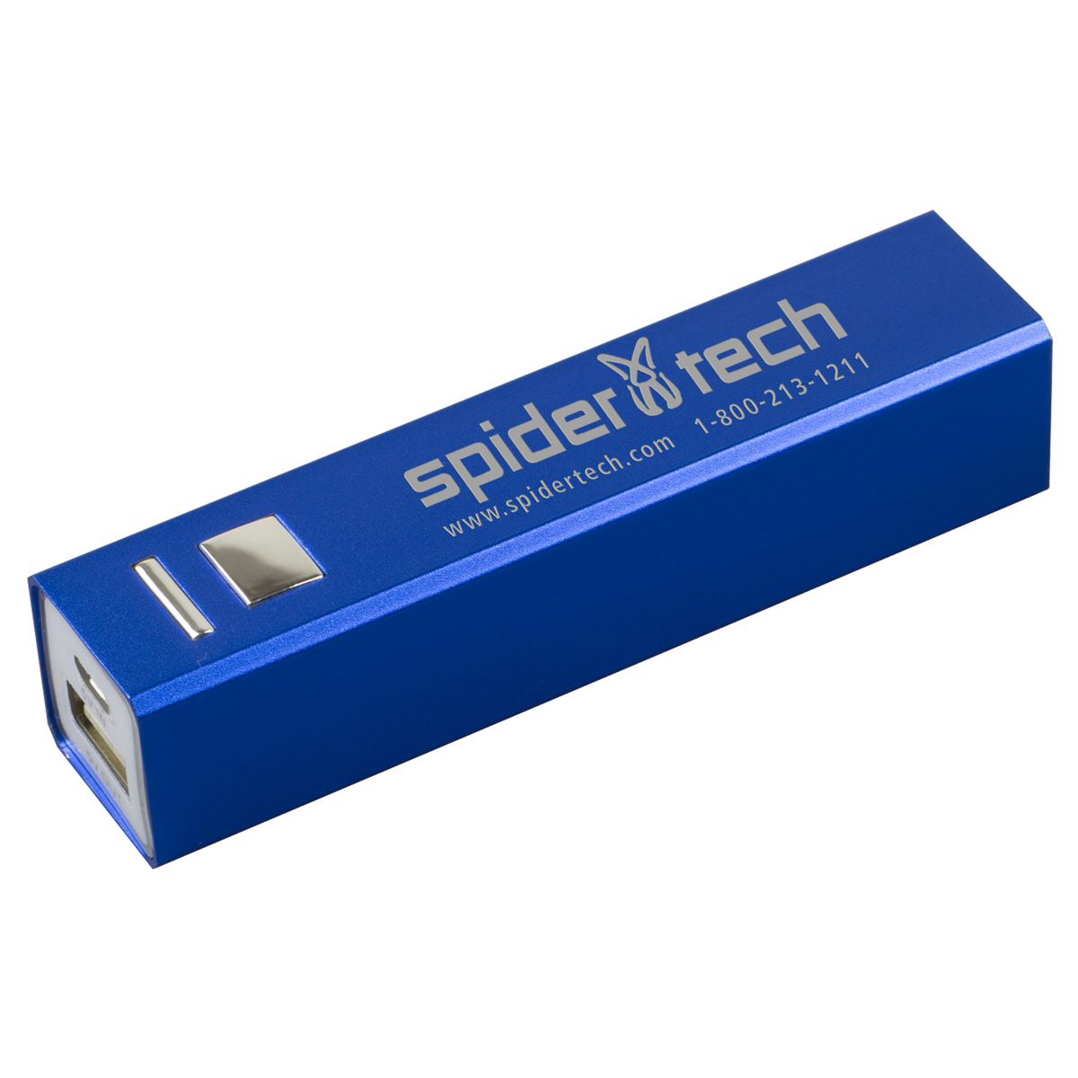 blue, rectangular, power bank with the words 